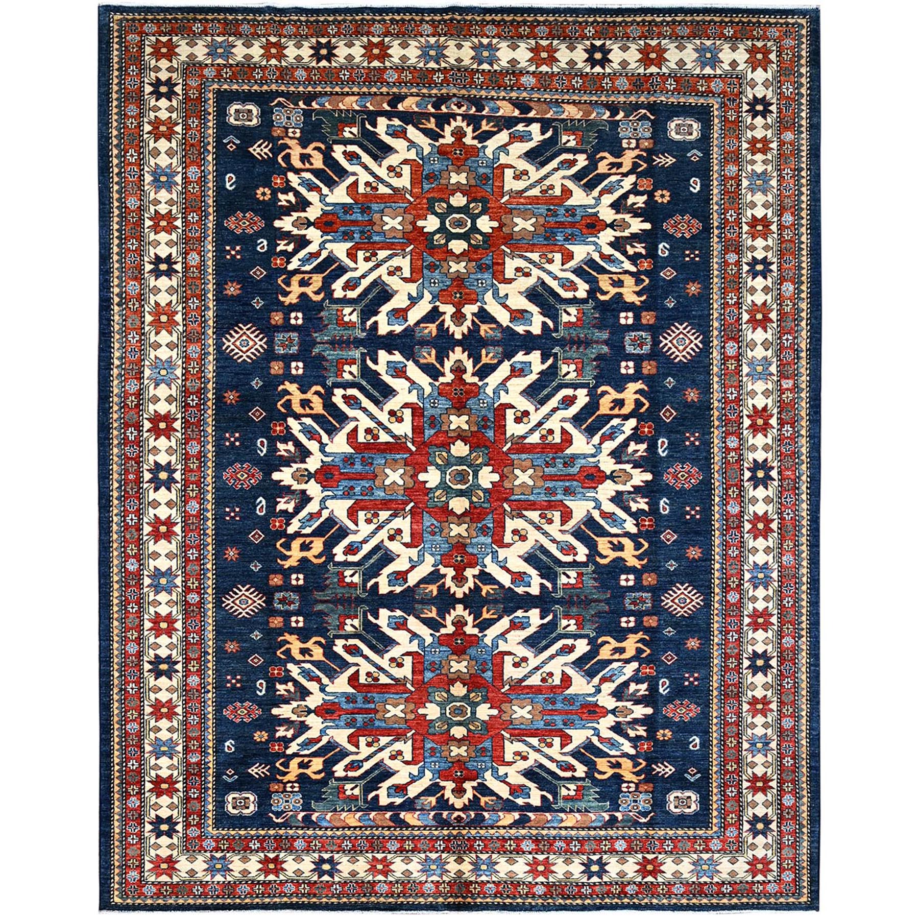 Opal Blue, Vegetable Dyes, 100% Wool, Afghan Eagle Super Kazak with Geometric Medallions, Hand Knotted, Oriental Rug